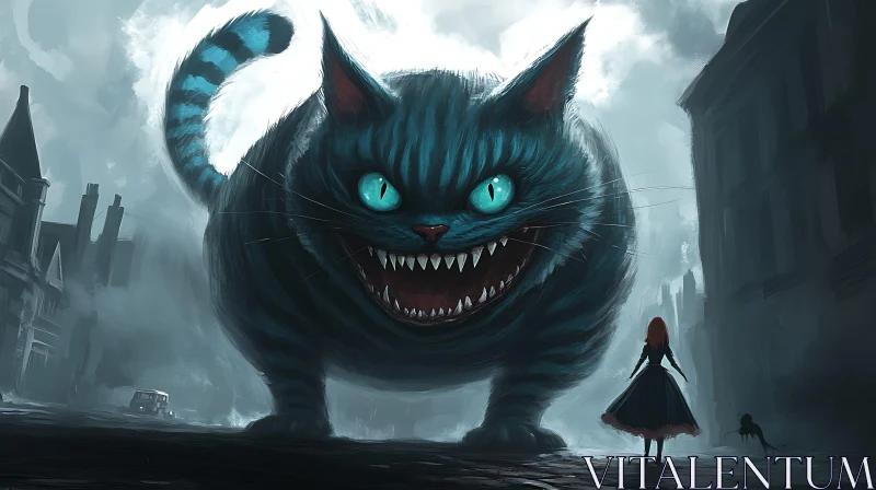 Enormous Cat with Piercing Eyes Facing Girl AI Image