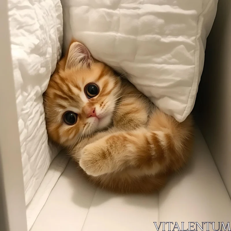 Ginger Kitten Snuggled Amongst Pillows AI Image