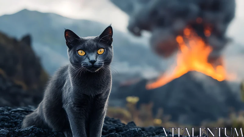 Cat with Yellow Eyes and Volcanic Scene AI Image