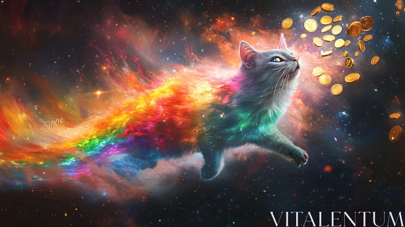 Fantasy Cat in Space with Rainbow and Gold AI Image