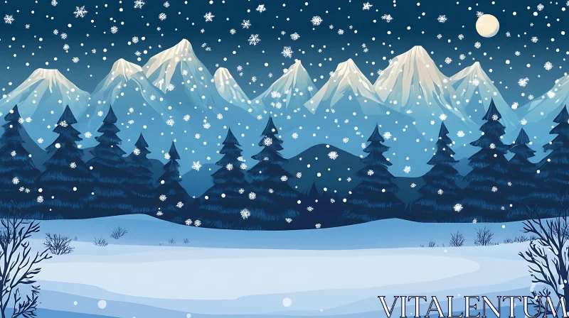 AI ART Winter Wonderland with Majestic Mountains and Moonlit Snowfall