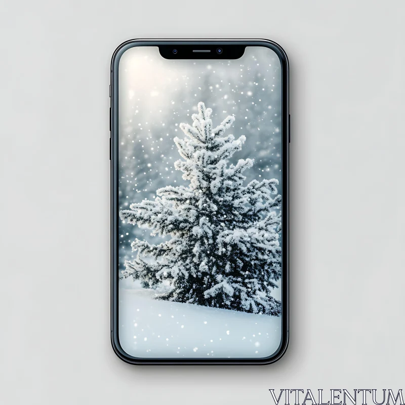 Snow-Covered Pine Tree on Phone Display AI Image