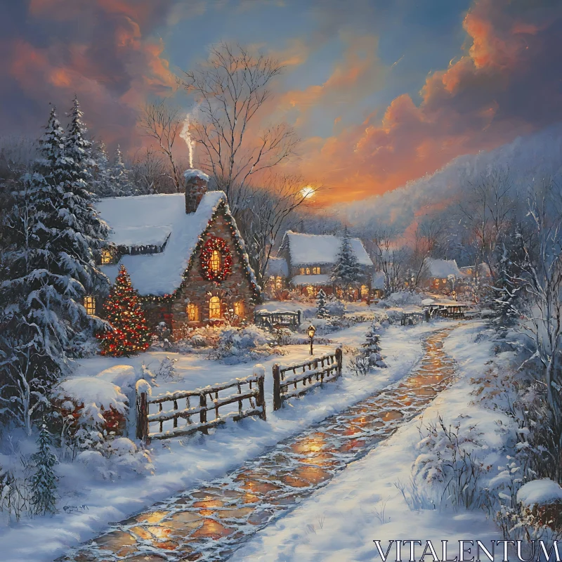 Winter Wonderland: Snowy Cabin and Sunset AI Image