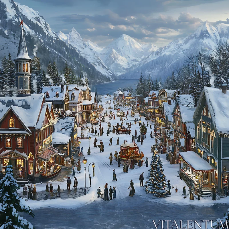 Festive Winter Market in a Snowy Village AI Image