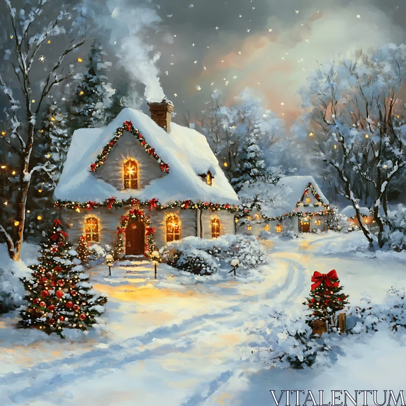 Festive Winter Cottage with Holiday Lights AI Image