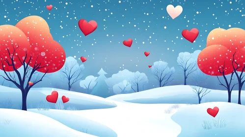 Snowy Landscape with Hearts and Vibrant Trees