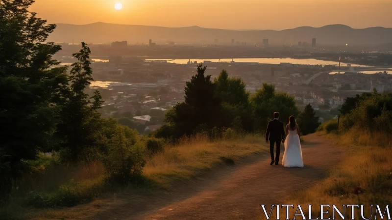 Bride and Groom City Walk at Autumn Sunset AI Image