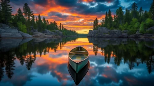 Calm Lake at Sunset: Serene Canoe Floating in Vivid Colors