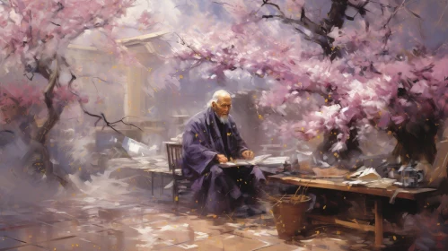 Chinese Painting of Man Reading in Courtyard