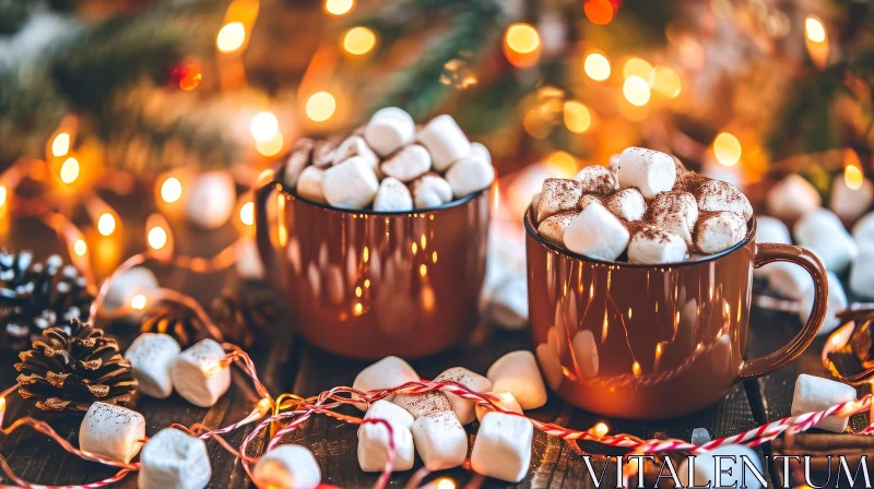 Cozy Holiday Vibes: Brown Mugs of Hot Chocolate with Marshmallows AI Image
