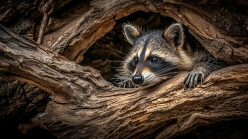 Curious Raccoon Portrait Peeking from Tree Hole