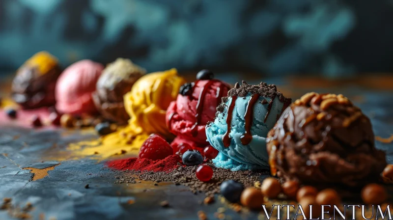 Delightful Array of Melting Ice Cream Balls on Blue Stone AI Image