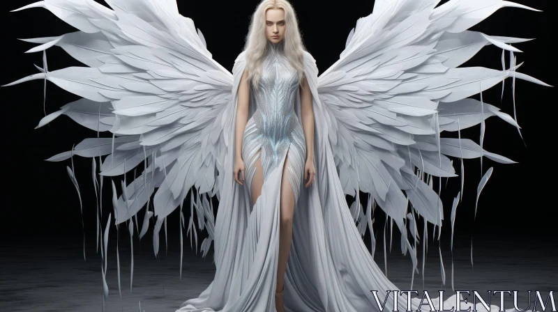 Enigmatic 3D Rendering of Woman with White Hair and Wings AI Image