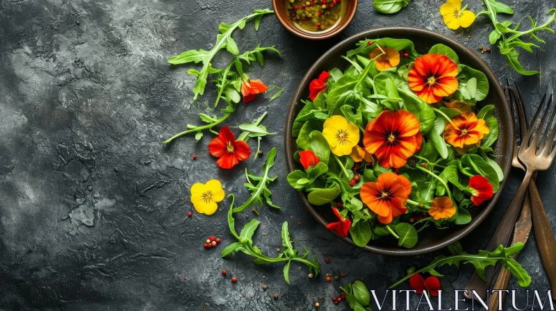 Exquisite Salad Bowl with Edible Flowers on Dark Slate Surface AI Image