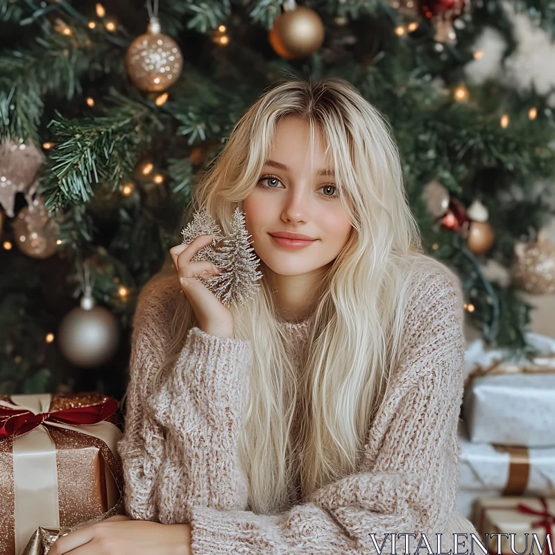 Holiday Spirit: Woman with Christmas Tree and Gifts AI Image