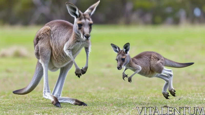 Graceful Kangaroos Running Across a Green Field AI Image