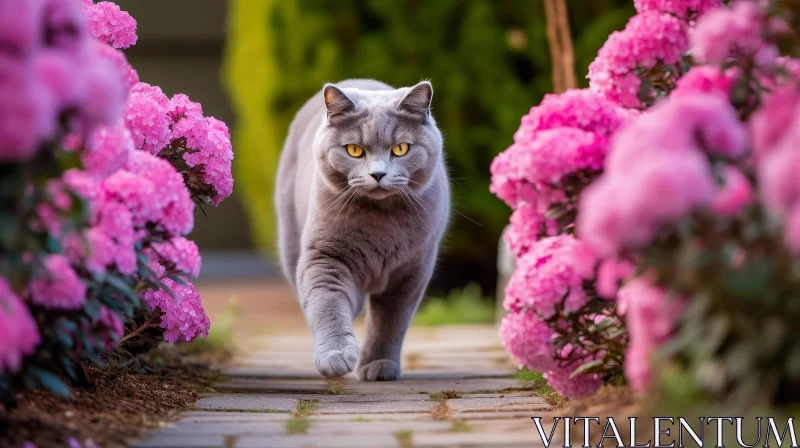 Gray Cat in Garden Path - Serene British Shorthair Photo AI Image