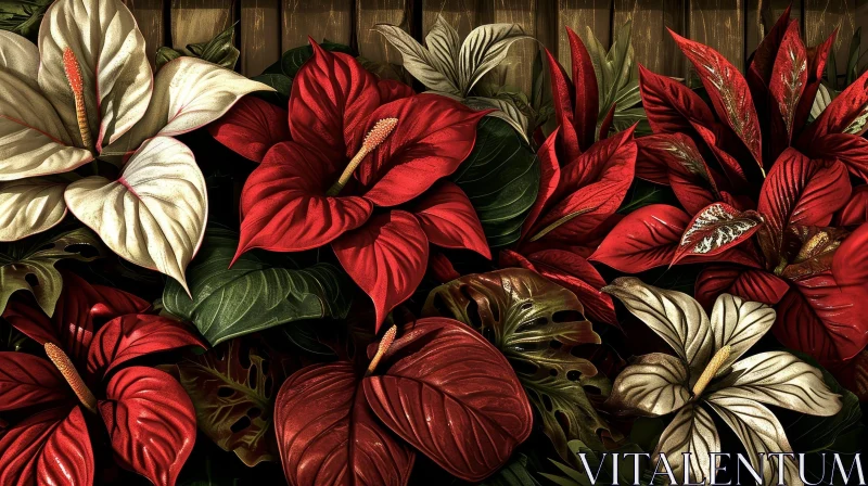 Highly Detailed Painting of Red and White Anthurium Flowers AI Image