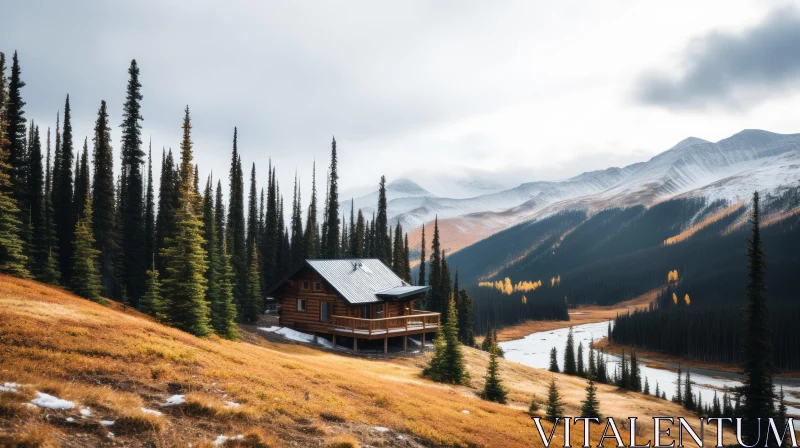 Mountain Cabin in Autumn: A Serene Escape into Whimsical Wilderness AI Image