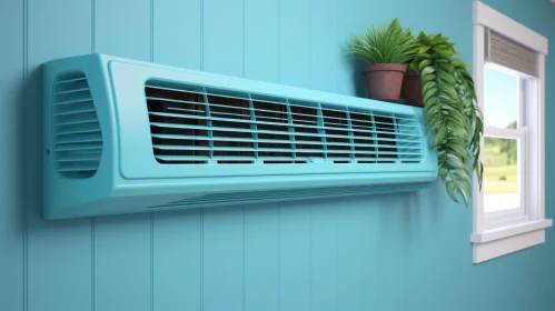 Vintage Blue Wall-Mounted Air Conditioner with Potted Plant