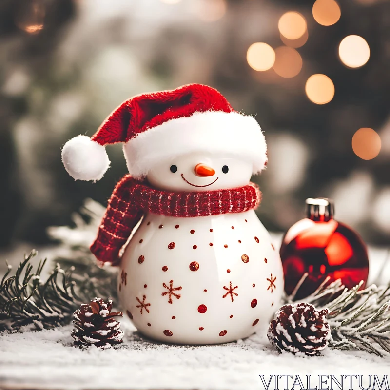 Festive Snowman Figurine with Santa Hat and Scarf AI Image