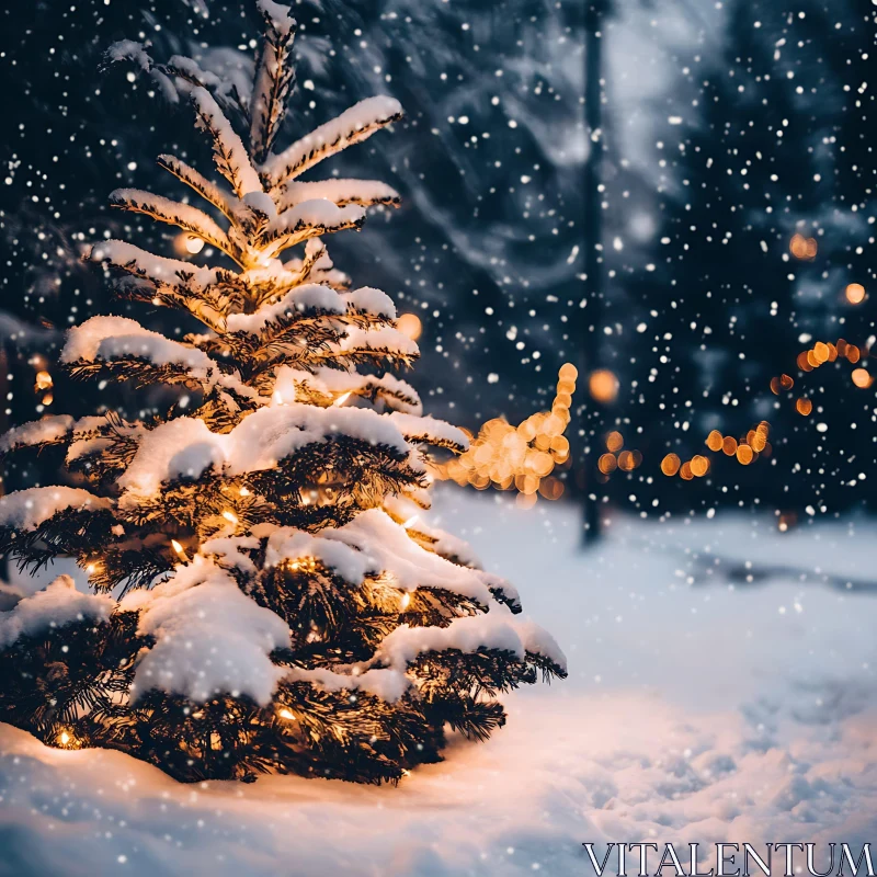 Illuminated Christmas Tree in Snowy Outdoor Setting AI Image