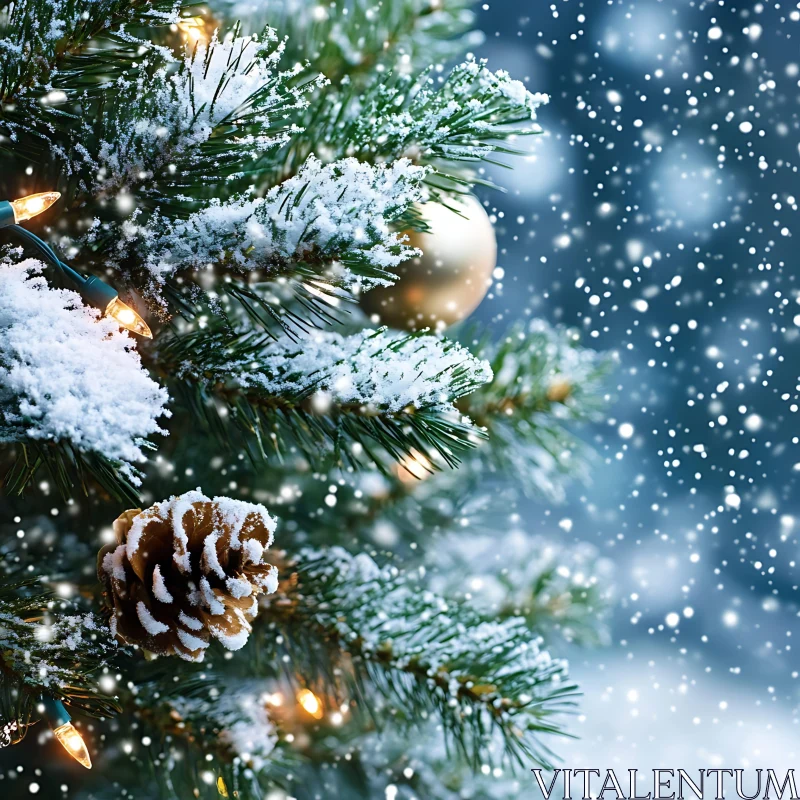 Festive Pine Tree Branch in Winter Wonderland AI Image