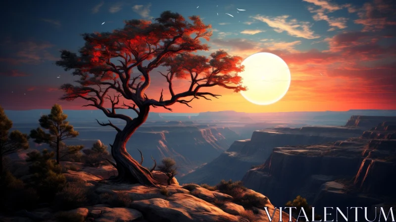 A Serene Tree on a Cliff at Sunset | Concept Art AI Image