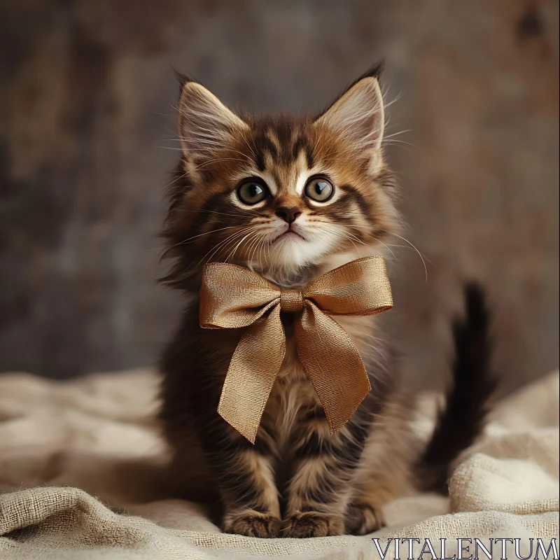 Charming Kitten with Large Eyes and Elegant Bow AI Image