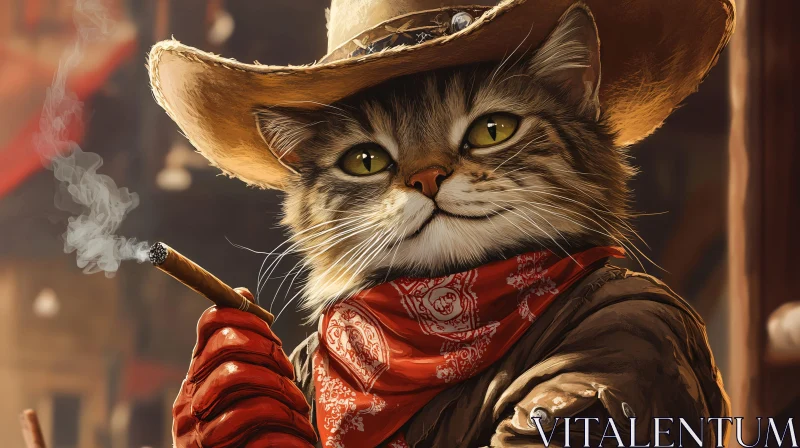 Western Cowboy Cat with Bandana and Smoking Cigar AI Image