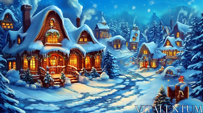 Winter Village with Festive Lights AI Image