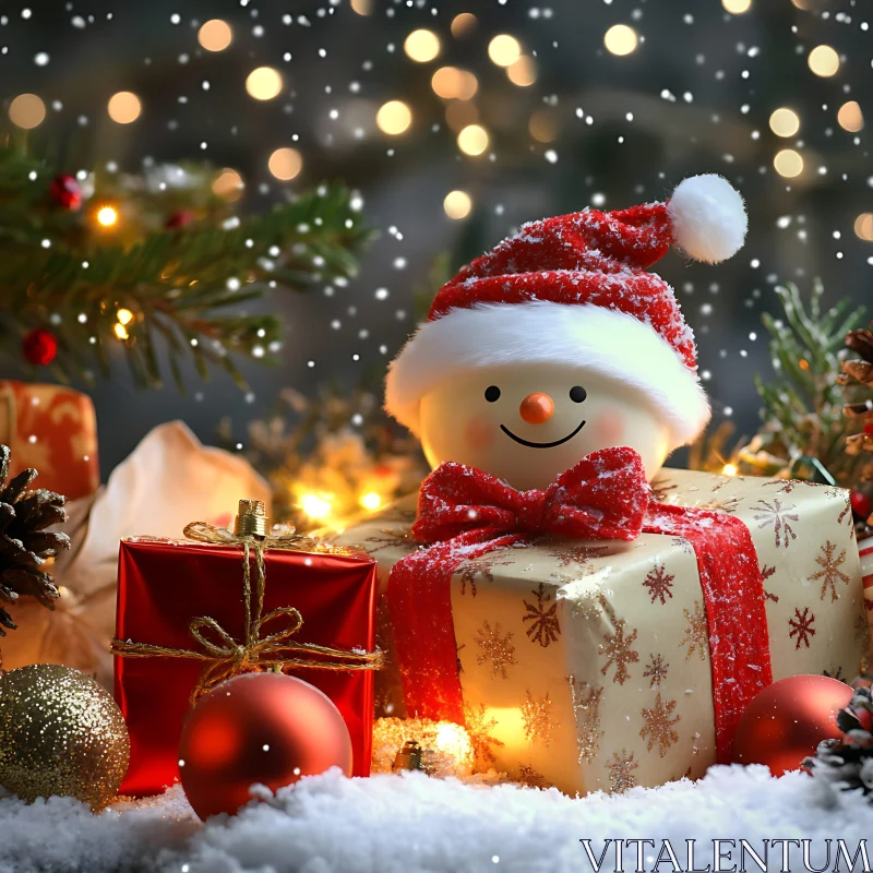 Cheerful Snowman Surrounded by Christmas Gifts AI Image