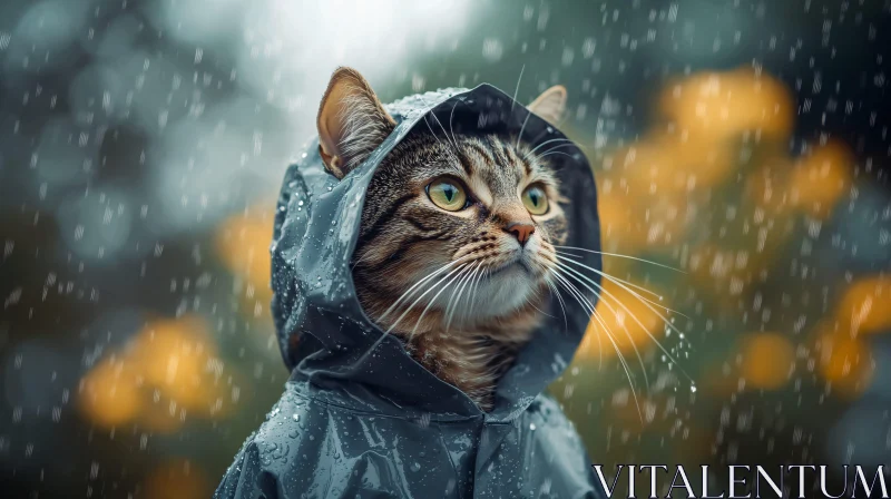 Cat with Green Eyes in Rainy Weather AI Image