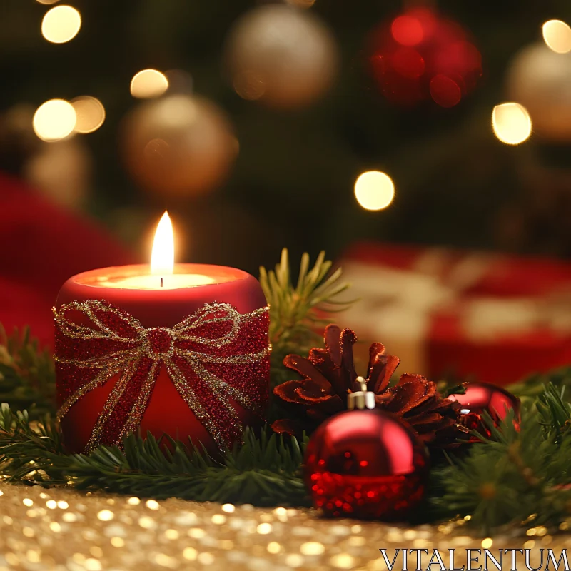 Cozy Christmas Candle with Pine Cones and Decorations AI Image