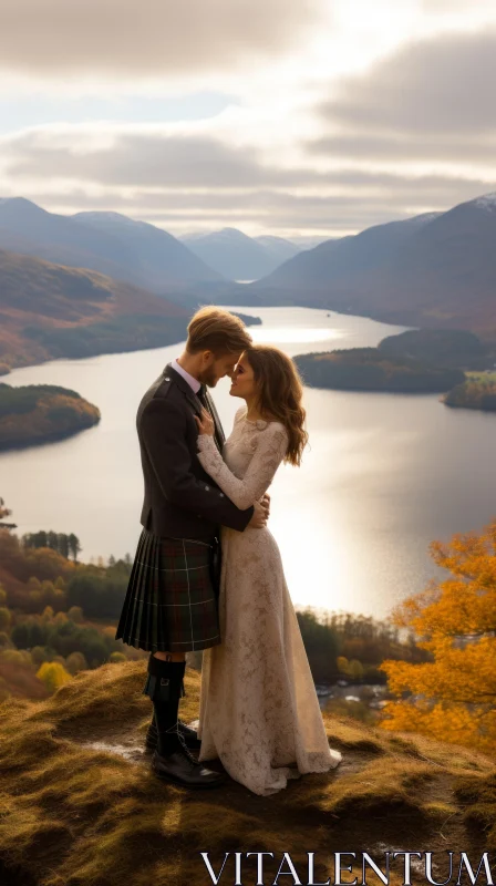 Breathtaking Scottish Elopement - Bride and Groom in Autumnal Grandeur AI Image