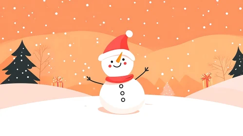 Snowman Celebrating Christmas in Snowy Landscape