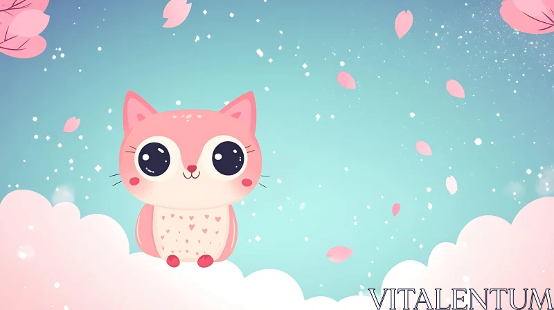 Cute Cartoon Cat with Pink Petals and Cloud AI Image