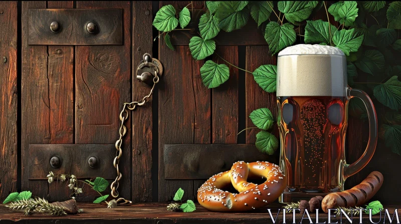 Captivating Still Life: Glass of Beer, Pretzel, and Hops on Wooden Table AI Image