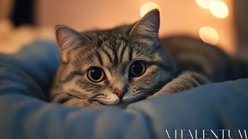 Grey Feline Lounging on Soft Bed with Warm Lights AI Image