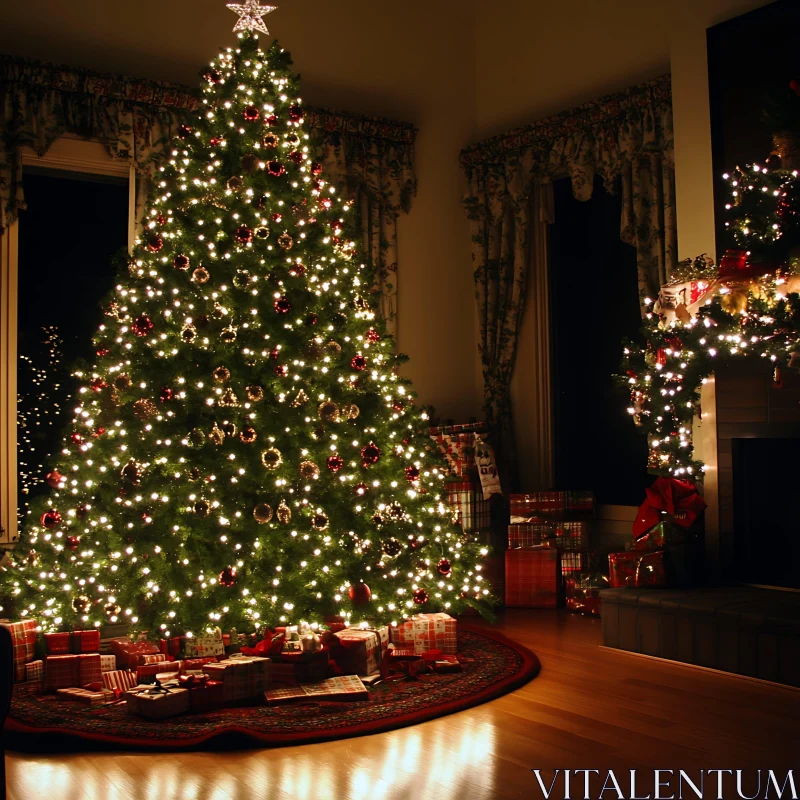 Festive Christmas Tree with Gifts and Ornaments AI Image