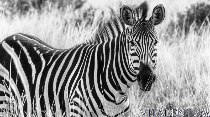 Graceful Zebra in Black and White Stripes on Grassy Field AI Image