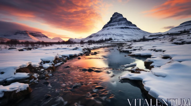 Icelandic Mountains and Stream at Sunset AI Image