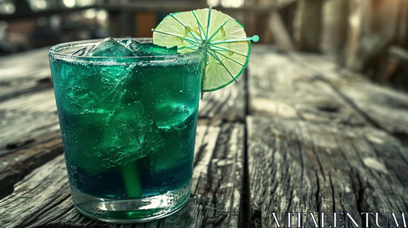 Refreshing Blue Cocktail with Lime on Wooden Table AI Image