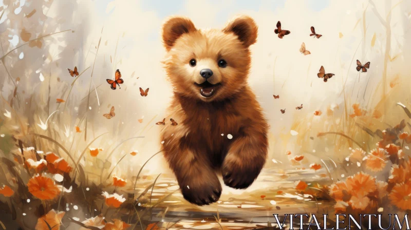 Teddy Bear Romping in Nature with Butterflies AI Image