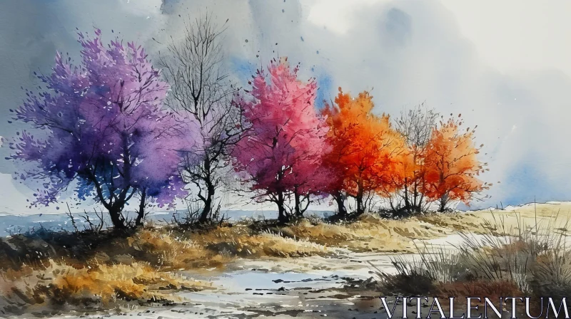 Watercolor Painting of Fall Trees: Vibrant Colors and Tranquil Beauty AI Image
