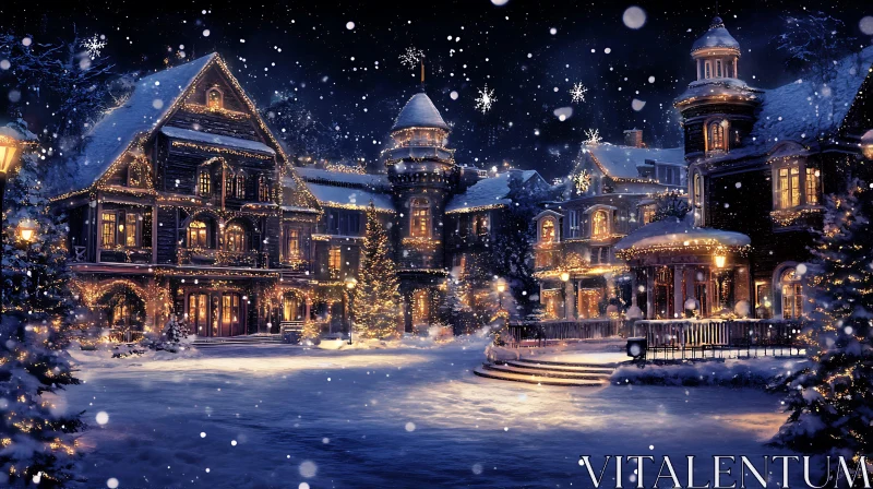 AI ART Snowy Village at Night with Christmas Decorations