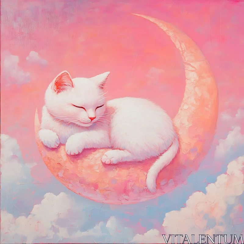 Serene White Cat on Crescent Moon in Pastel Sky AI Image