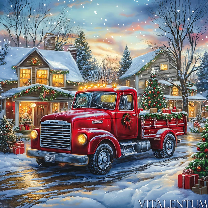 Vintage Truck Delivering Christmas Gifts in a Snowy Village AI Image