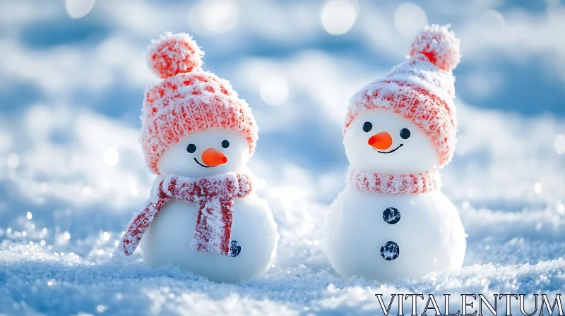 Cute Snowmen with Knitted Hats and Scarves AI Image