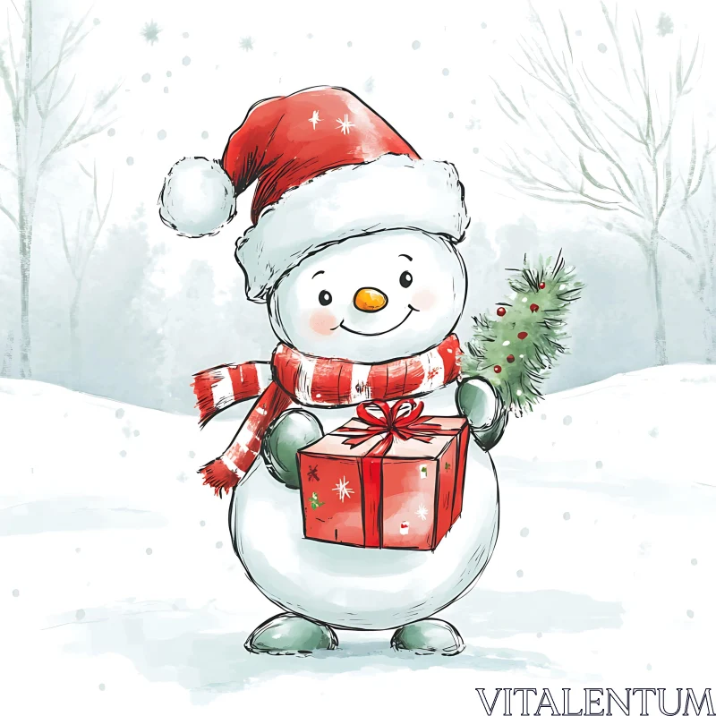 Cheerful Snowman with Gift and Pine Branch in Snowy Landscape AI Image